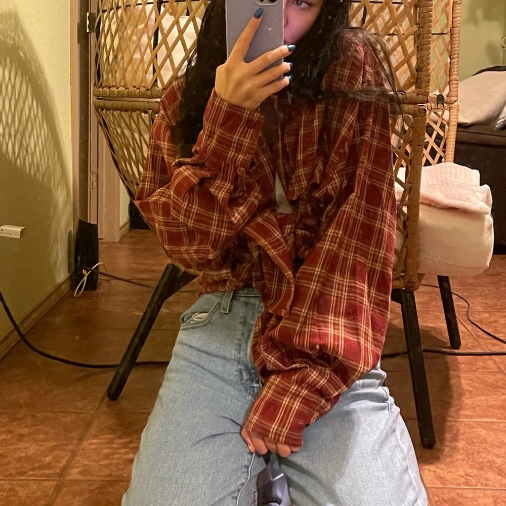 #119 Oversized Red Plaid Flannel button down Influencer famous soft long sleeve